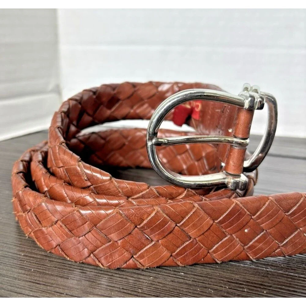 Cole Haan Belt Braided Leather Brown L 40”/100 Silver Buckle  A09374